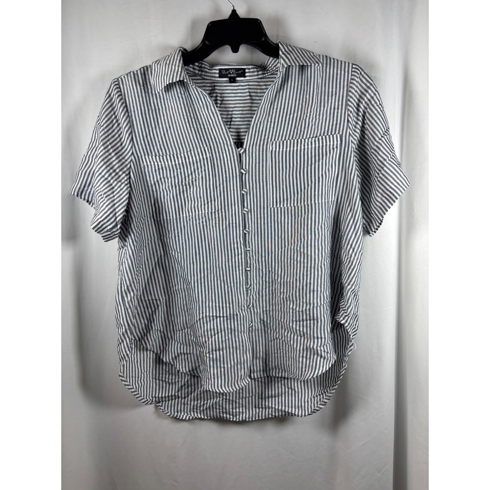 Velvet Heart Womens Blue White Striped Short Sleeve Shirt Large EQW24177